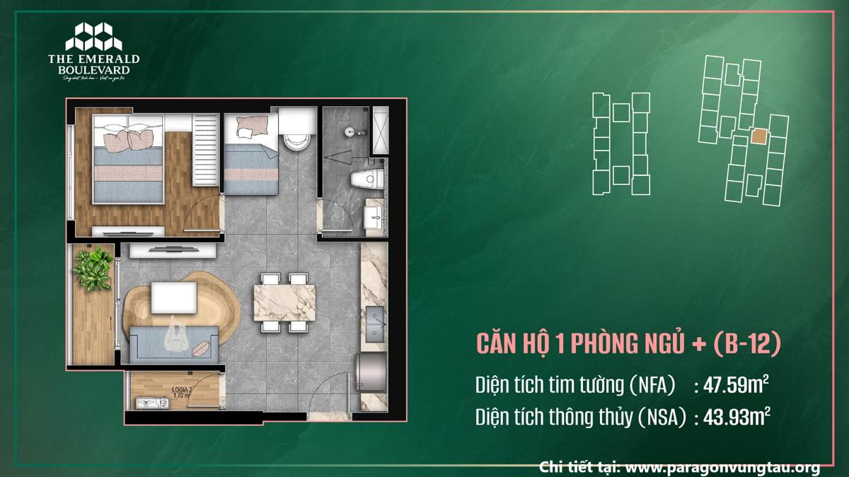 Thiết Kế Căn Hộ 1PN Plus B-12 The Emerald Boulevard
