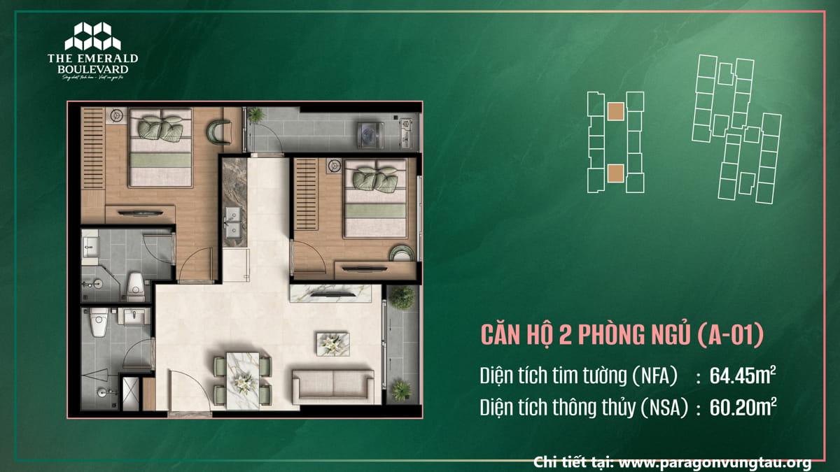 Thiết Kế Căn Hộ 2PN A-01 The Emerald Boulevard