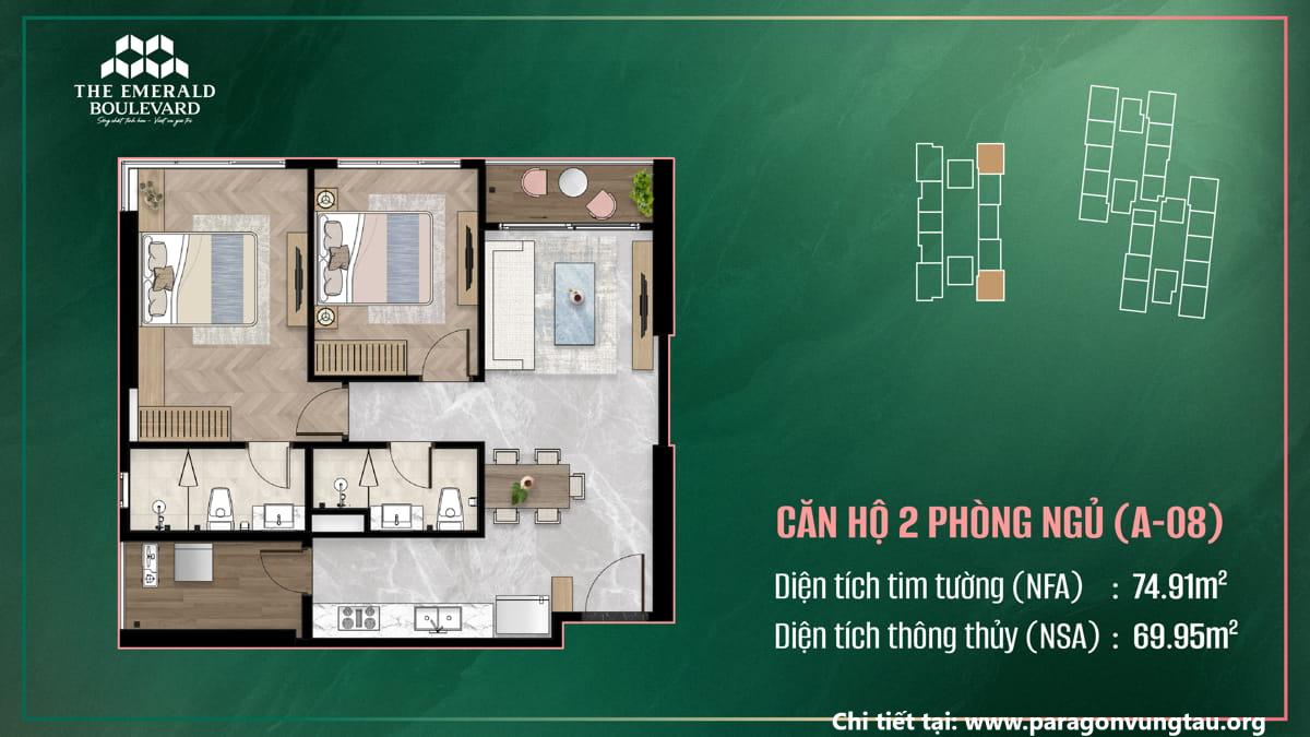 Thiết Kế Căn Hộ 2PN A-08 The Emerald Boulevard