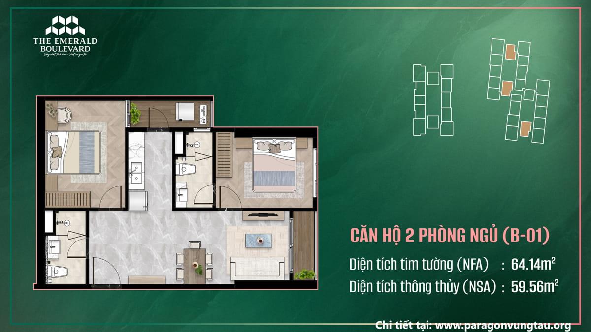Thiết Kế Căn Hộ 2PN B-01 The Emerald Boulevard