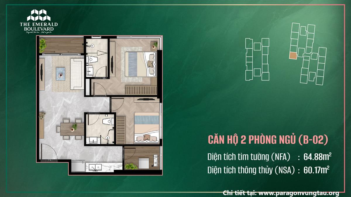 Thiết Kế Căn Hộ 2PN B-02 The Emerald Boulevard