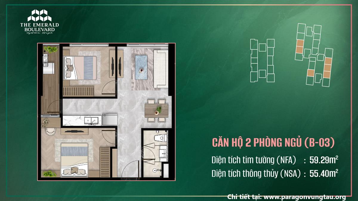 Thiết Kế Căn Hộ 2PN B-03 The Emerald Boulevard