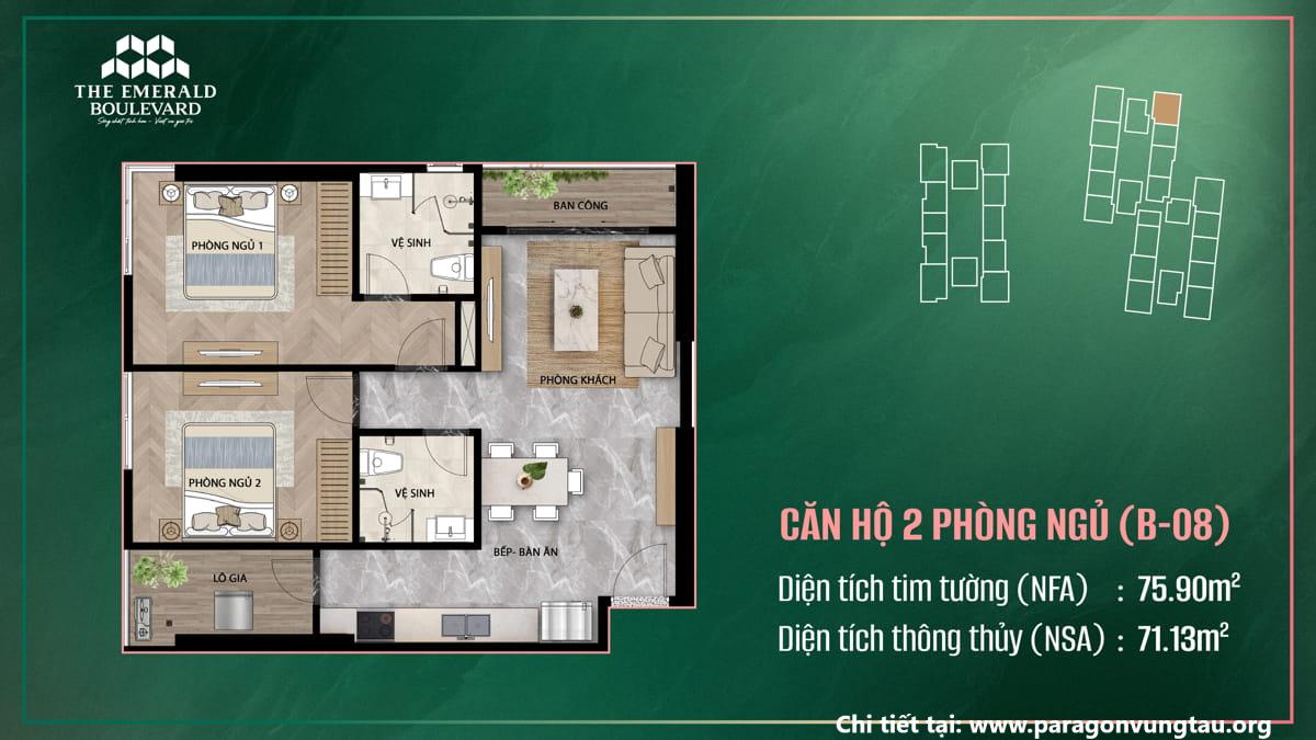 Thiết Kế Căn Hộ 2PN B-08 The Emerald Boulevard