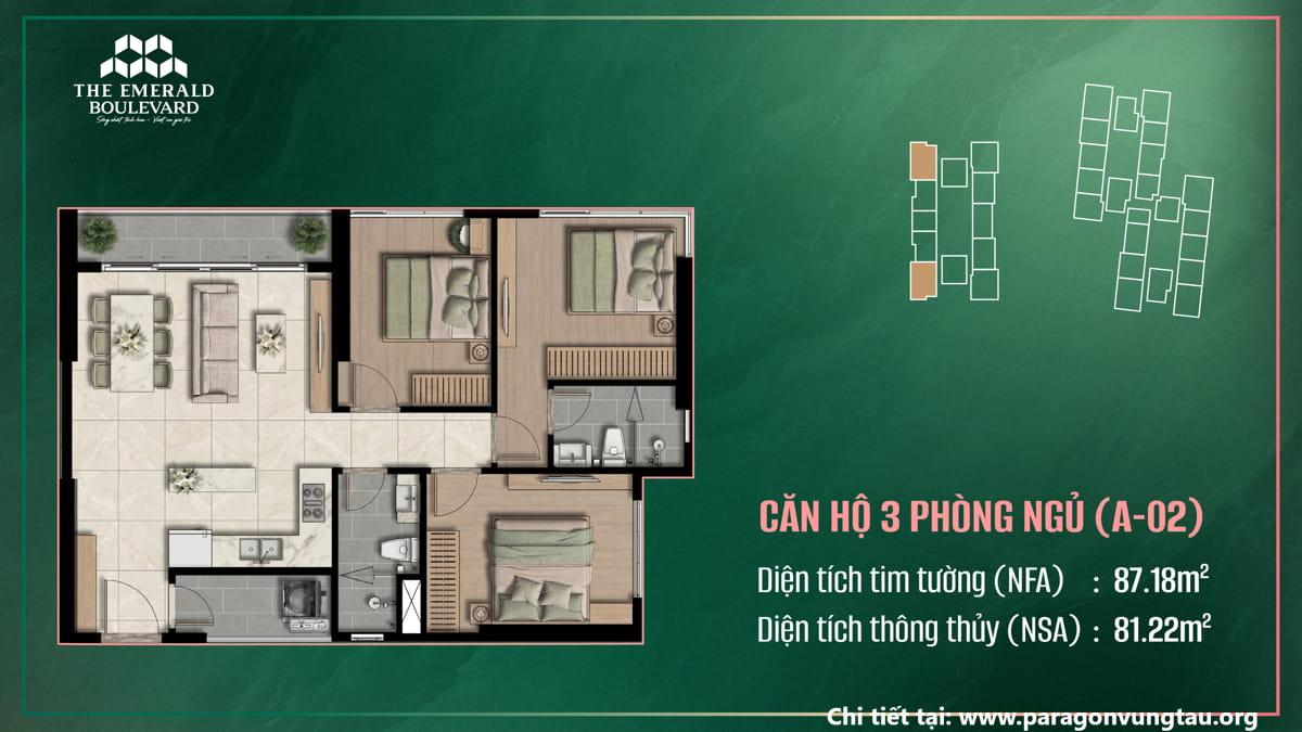 Thiết Kế Căn Hộ 3PN A-02 The Emerald Boulevard